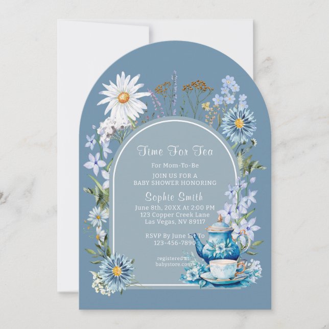 Invitation Dusty Blue Time Pour Baby shower Tea Boho (Devant)