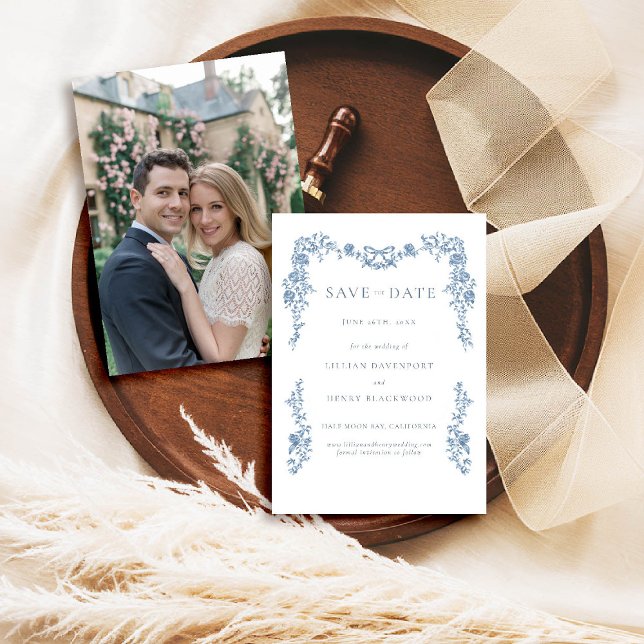 Invitation Dusty Blue Toile Chinoiserie Mariage Date de sauve (dusty blue wedding save date toile de jouy chinoiserie french vintage floral frame formal modern)