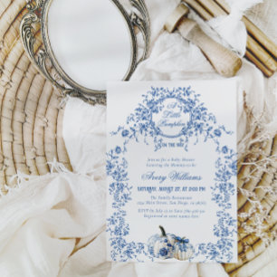 Invitation Dusty Blue Toile Floral Citrouille Baby shower gar