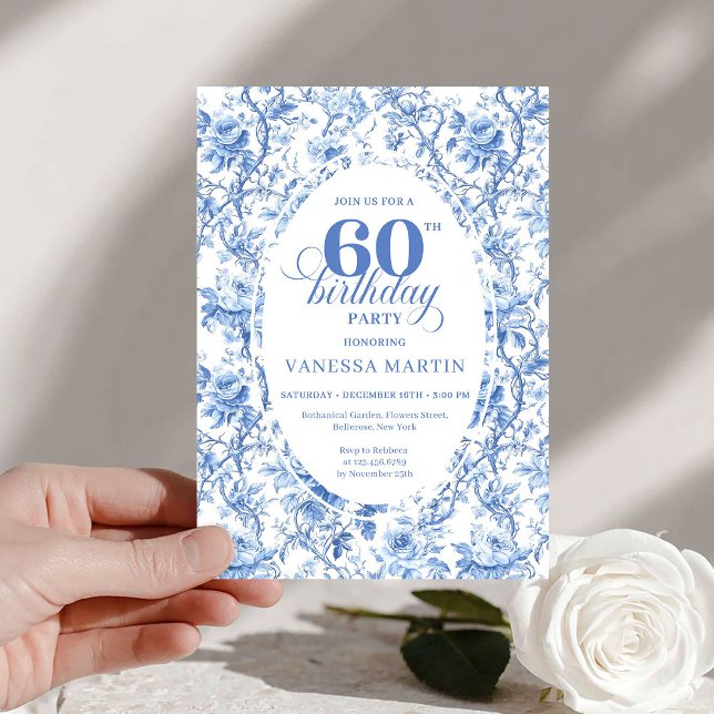 Invitation Dusty Blue Toile Roses 60th Birthday Digital  (Dusty Blue Toile Roses 60th Birthday Digital Invite

)