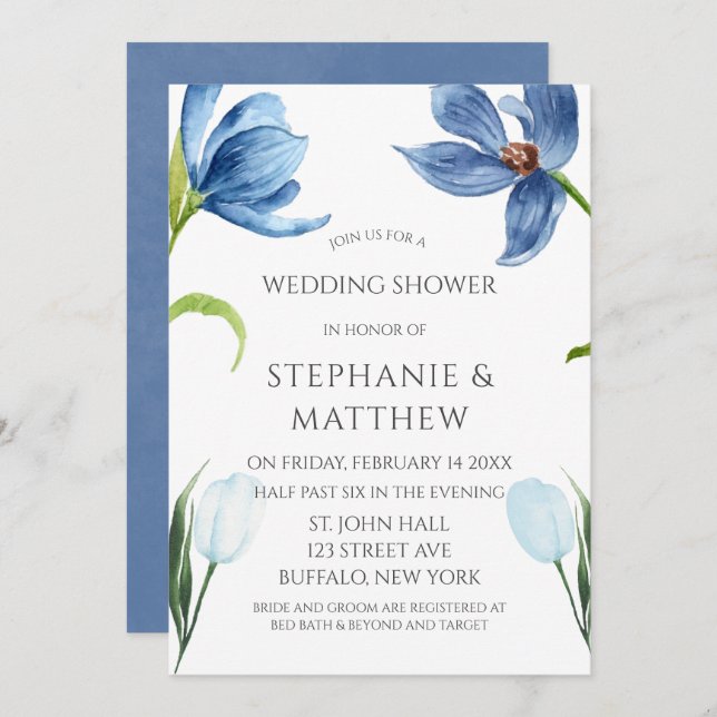 Invitation Dusty Blue Tulip Aquarelle Peony Wedding shower (Devant / Derrière)