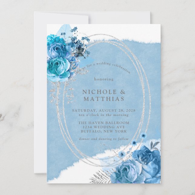 Invitation Dusty Blue Turquoise Silver Peony Mariage (Devant)