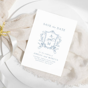 Invitation Dusty Blue Vintage Crest Enregistrer la date