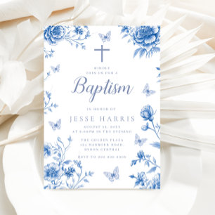 Invitation Dusty Blue Vintage Enchanted Baptême garçon ou fil