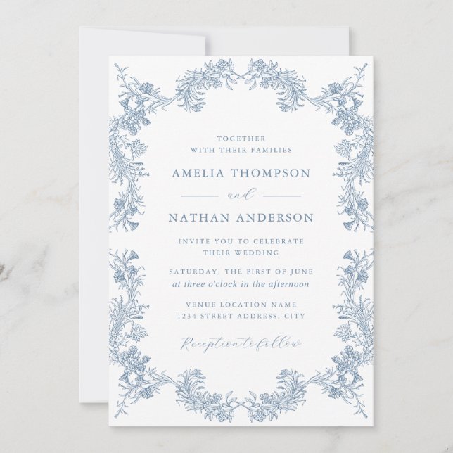Invitation Dusty Blue Vintage Floral Élégant Mariage (Devant)