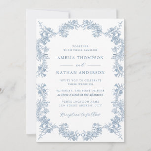 Invitation Dusty Blue Vintage Floral Élégant Mariage