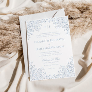 Invitation Dusty Blue Vintage Floral Line Art Frame Mariage