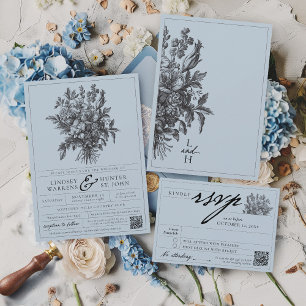 Invitation Dusty Blue Vintage Floral Romantique Jardin Mariag