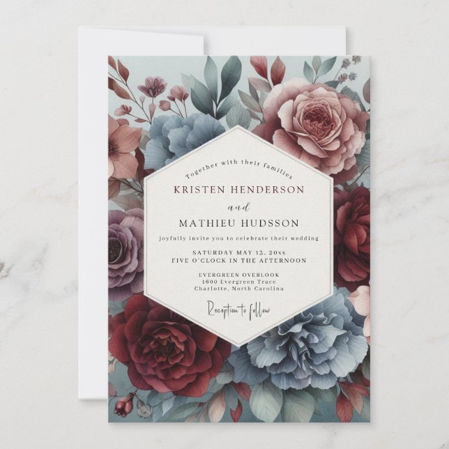 Invitation Dusty Blue Watercolor Bloom Wedding (Devant)