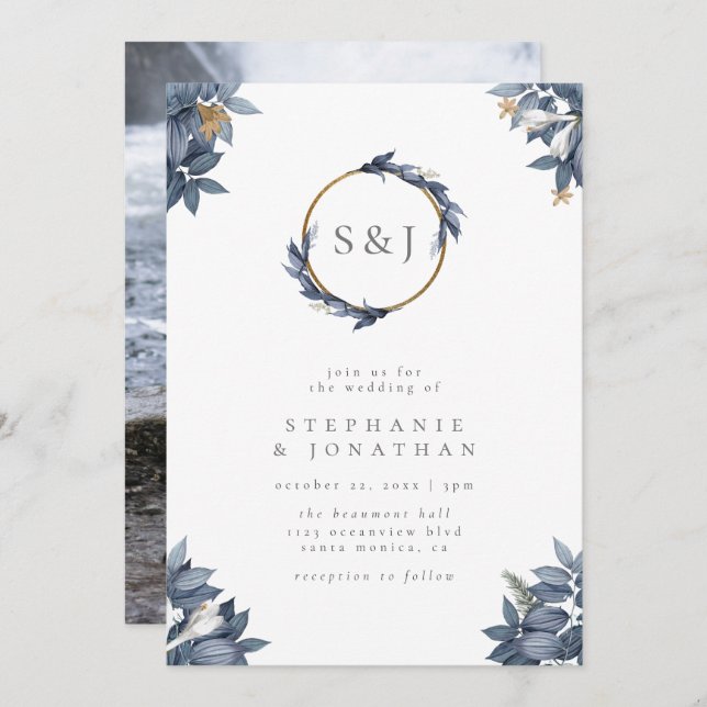 Invitation Dusty Blue Watercolor Feuilles Monogram Mariage (Devant / Derrière)