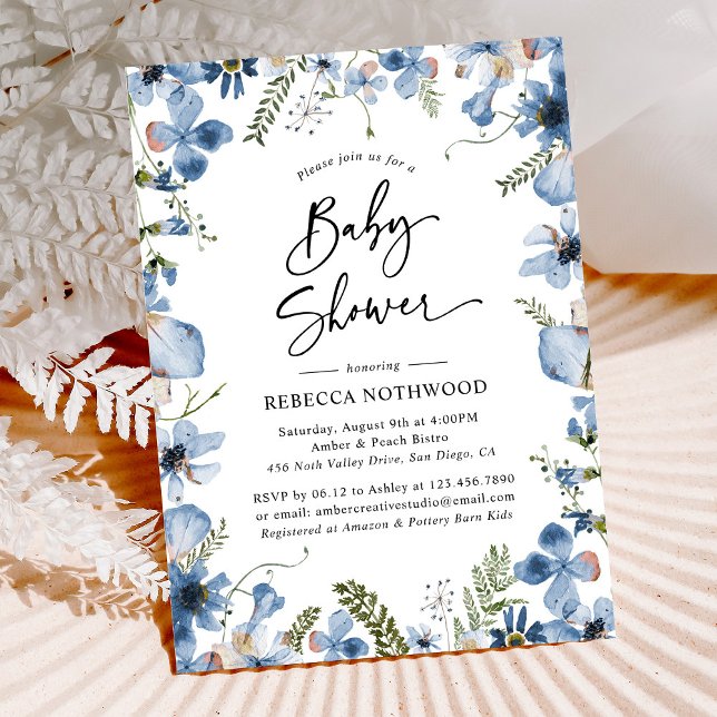 Invitation Dusty Blue Watercolor Floral Boy Baby shower (Créateur téléchargé)