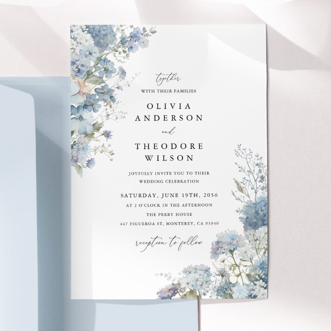 Invitation Dusty Blue Watercolor Floral Elegant Wedding (Dusty blue watercolor floral wedding invitation, hydrangea blooms, romantic garden style stationery)