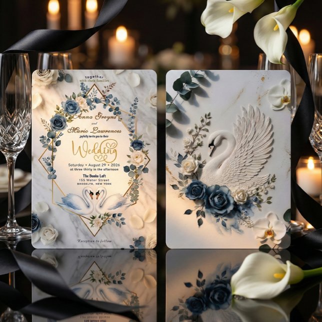 Invitation Dusty Blue Watercolor Marble Faux Foil Wedding (Créateur téléchargé)