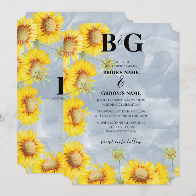 Invitation Dusty Blue Watercolor Sunflowers Monogram Mariage (Devant / Derrière)
