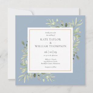 Invitation Dusty Blue Watercolour Greenery Leaves