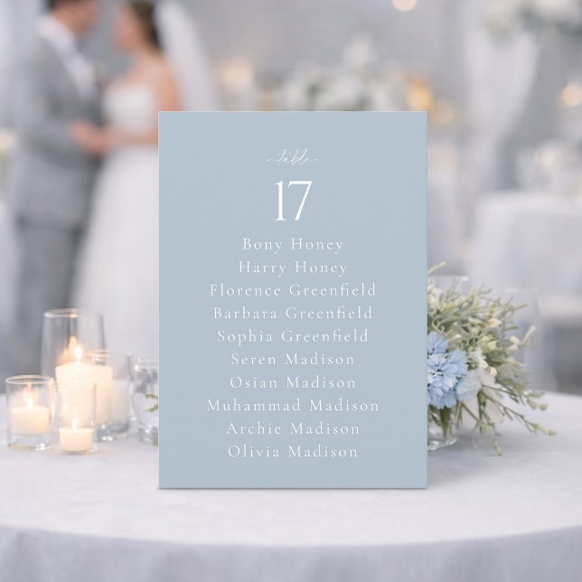 Invitation Dusty Blue Wedding Table Number with Guest List (Créateur téléchargé)