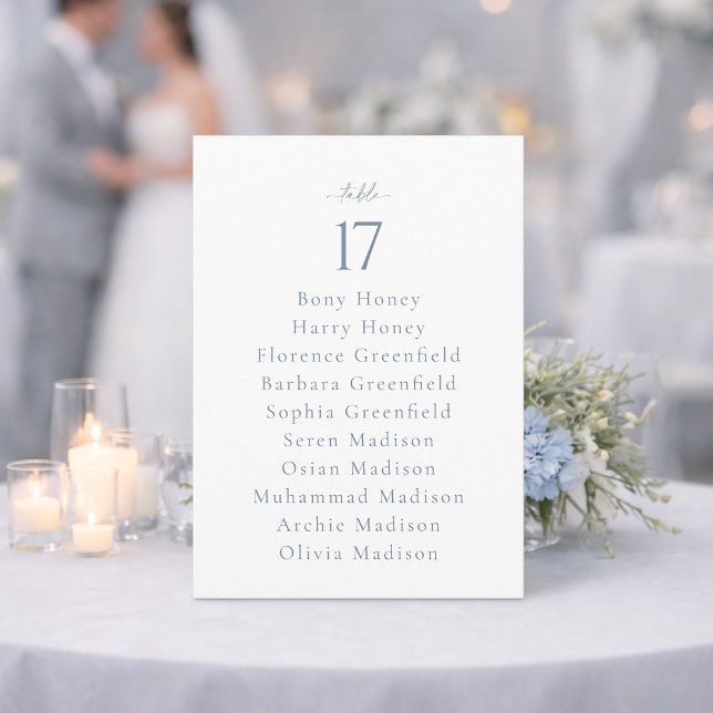 Invitation Dusty Blue Wedding Table Number with Guest List (Créateur téléchargé)