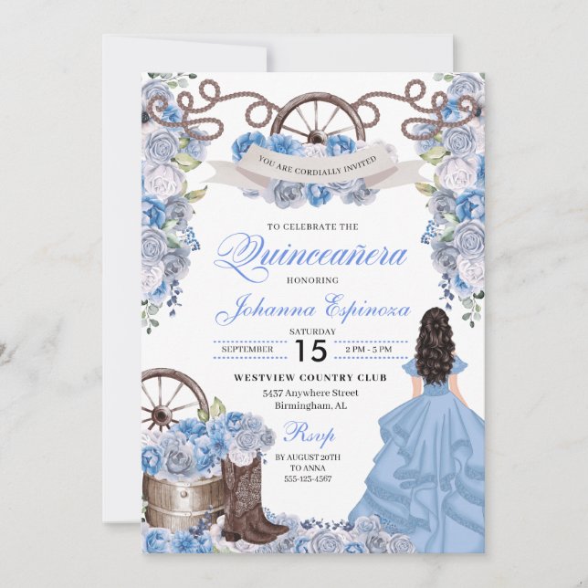 Invitation Dusty Blue Western Ranchero Quinceanera (Devant)