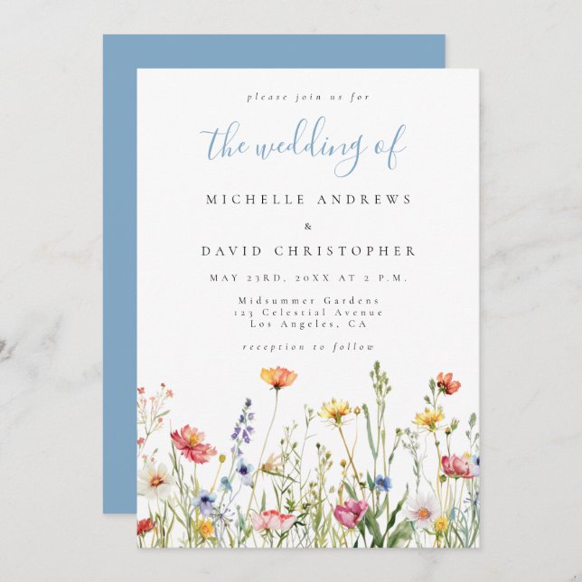 Invitation Dusty Blue Whimsical Floral All in One Wedding (Devant / Derrière)