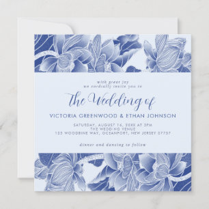 Invitation Dusty Blue White Chinoiserie Floral Carré Mariage