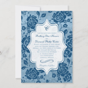 Invitation Dusty Blue, White Floral Mariage damassé Invitatio