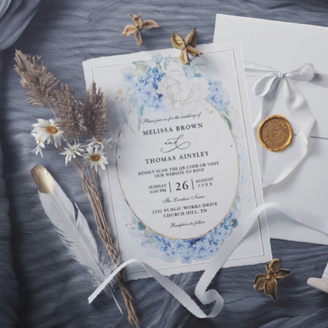 Invitation Dusty Blue White Flowers Budget QR Code Wedding (Créateur téléchargé)
