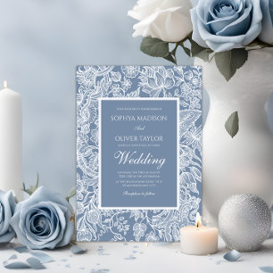 Invitation Dusty Blue White Line Art Floral Botanique