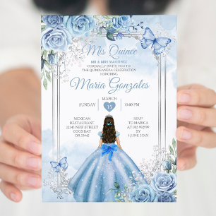 Invitation Dusty Blue & White Mis Quince 15 Anos Argent Crown
