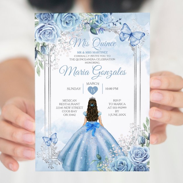 Invitation Dusty Blue & White Mis Quince 15 Anos Argent Crown (Créateur téléchargé)