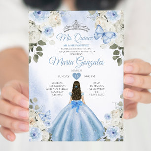 Invitation Dusty Blue & White Mis Quince 15 Anos Argent Crown