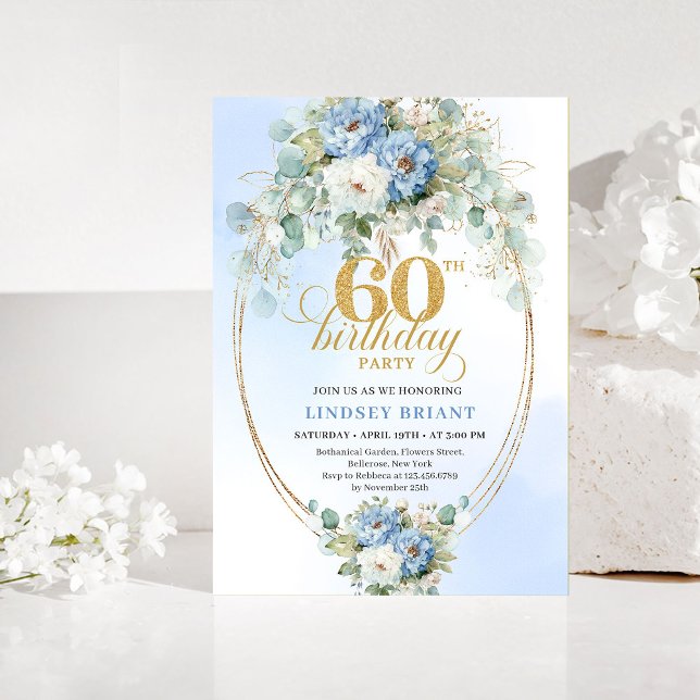 Invitation Dusty blue white peony gold floral 60th birthday  (Dusty blue white peony gold floral 60th birthday invitation

)