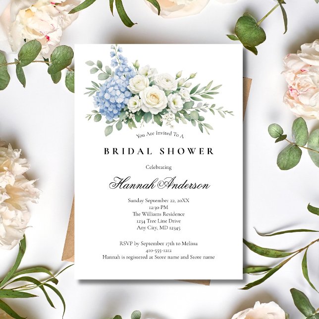 Invitation Dusty Blue White Rose Floral Elegant Bridal Shower (Dusty Blue Hydrangea White Roses Watercolor Florals Bridal Shower Invitation, Printed or Digital)