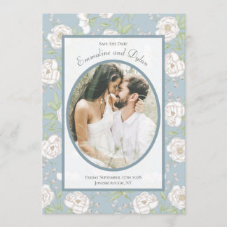 Invitation Dusty Blue White Rose Wedding Photo Save the Date