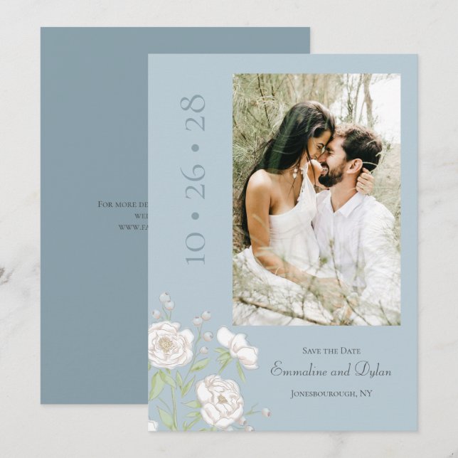 Invitation Dusty Blue White Rose Wedding Save the Date (Devant / Derrière)