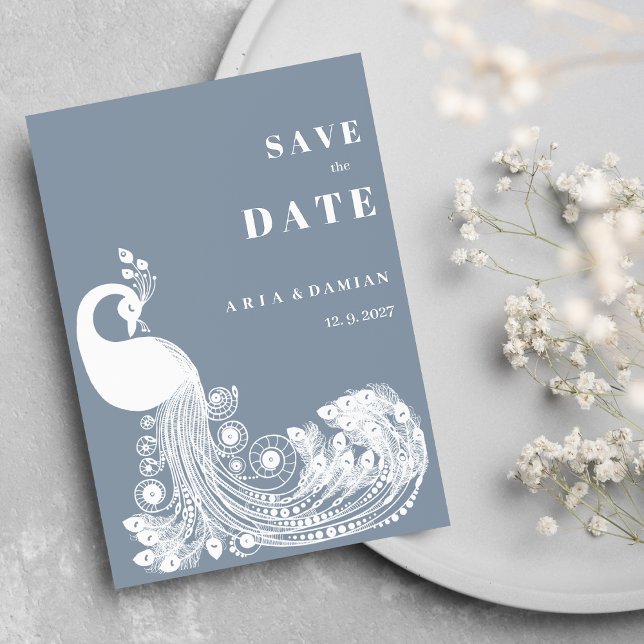 Invitation Dusty blue white royal peacock chic Save the Date (Dusty blue white royal peacock chic Save the Date )