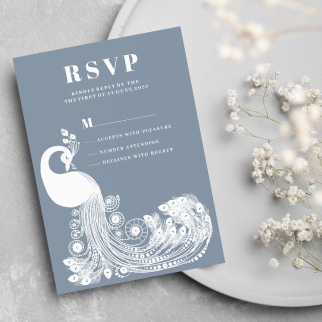 Invitation Dusty blue white royal peacock elegant RSVP (Dusty blue white royal peacock elegant RSVP)