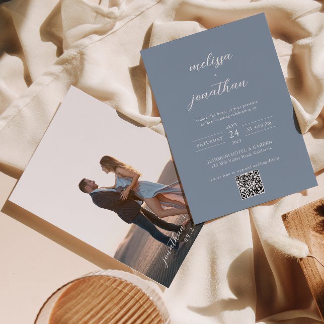 Invitation Dusty Blue & White Script Photo QR Code Mariage (Créateur téléchargé)