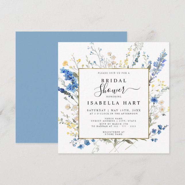 Invitation Dusty Blue Wild Floral Dainty Boho Fête des mariée (Devant / Derrière)