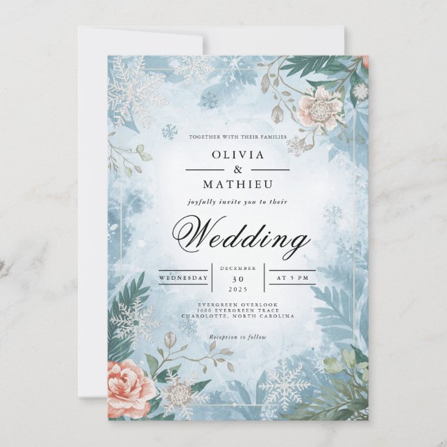 Invitation Dusty Blue Winter Bloom Mariage (Devant)