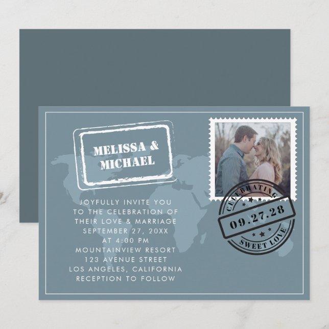 Invitation Dusty Blue World Map Destination Wedding Photo (Devant / Derrière)