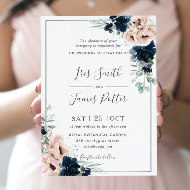 Invitation Dusty Blush Poppy Navy Floral Greenery Mariage (Créateur téléchargé)