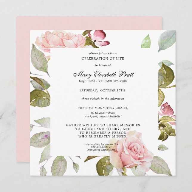 Invitation Dusty Blush rose Floral Célébration de la vie Invi (Devant / Derrière)