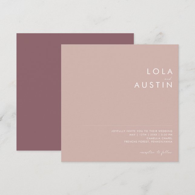 Invitation Dusty Boho | Rose et Mariage Carré violet (Devant / Derrière)