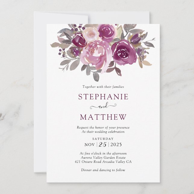 Invitation Dusty Burgundy Blush Mariage botanique (Devant)