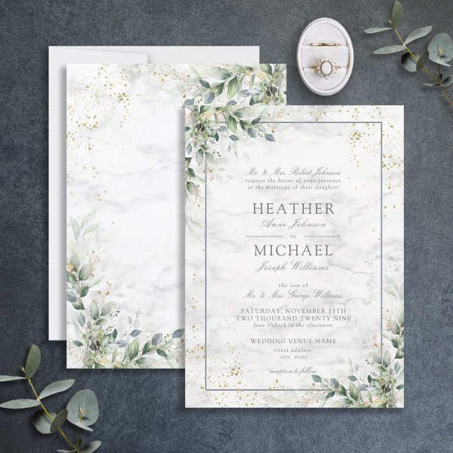 Invitation Dusty Eucalyptus Botanical Gold Green Mariage I (Créateur téléchargé)