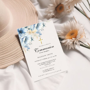 Invitation Dusty Fleur sauvage d'or bleu première communion s