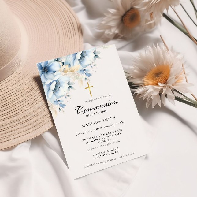 Invitation Dusty Fleur sauvage d'or bleu première communion s (Créateur téléchargé)