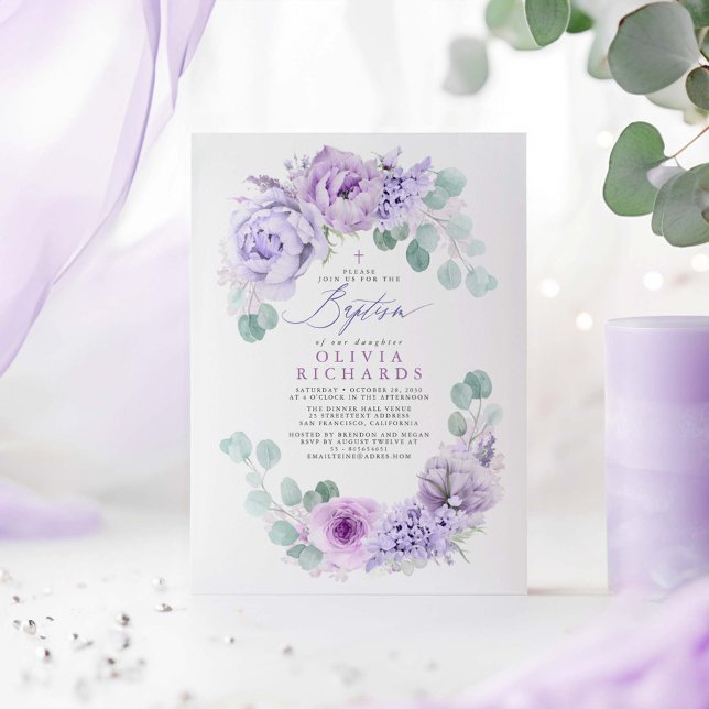 Invitation Dusty Fleurs violettes clair Eucalyptus Baptême (Dusty Purple Flowers Baptism Invitations)