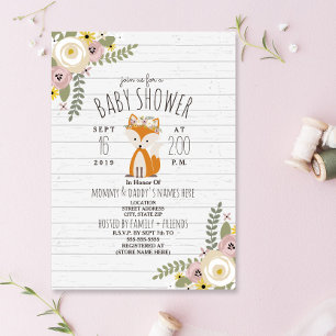 Invitation Dusty Floral Boho Fox Baby shower en bois gris
