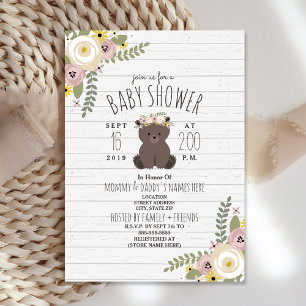 Invitation Dusty Floral Boho Ours Baby shower en bois gris